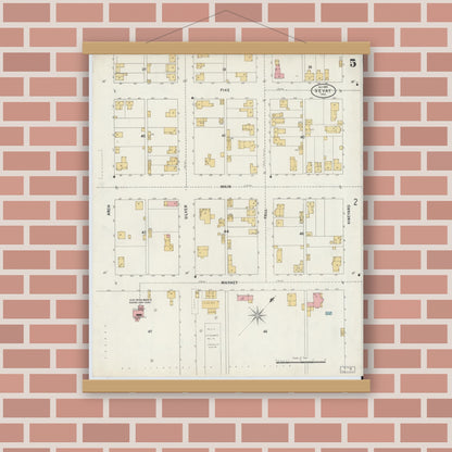Old map wall art mockup — magnetic wood frame on brick wall — Sanborn Fire Insurance Map from Vevay, Switzerland County, Indiana (1899), Sheet #0005