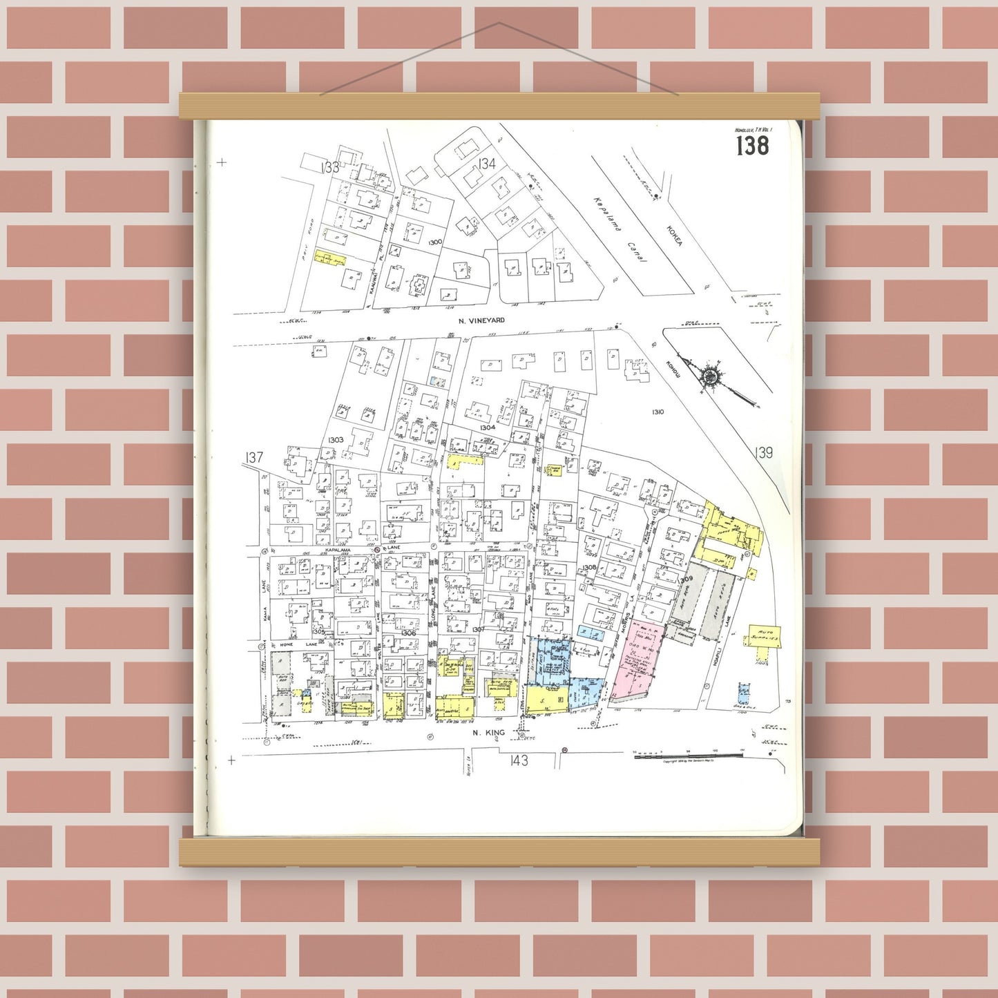 Old map wall art mockup — magnetic wood frame on brick wall — Sanborn Fire Insurance Map from Honolulu, Oahu County, Hawaii (1955), Sheet #0138