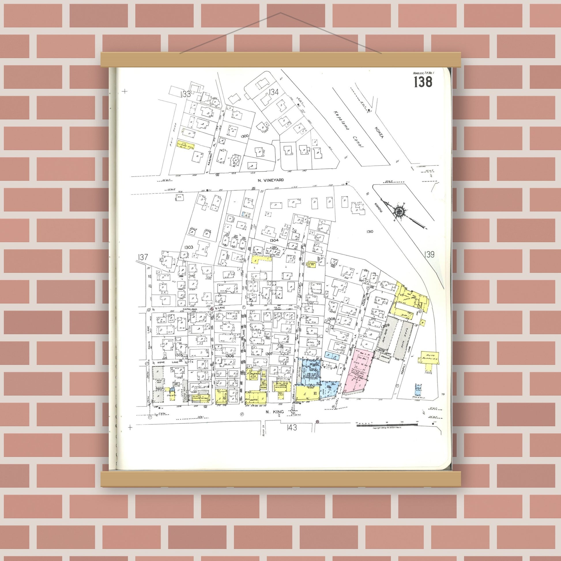 Old map wall art mockup — magnetic wood frame on brick wall — Sanborn Fire Insurance Map from Honolulu, Oahu County, Hawaii (1955), Sheet #0138