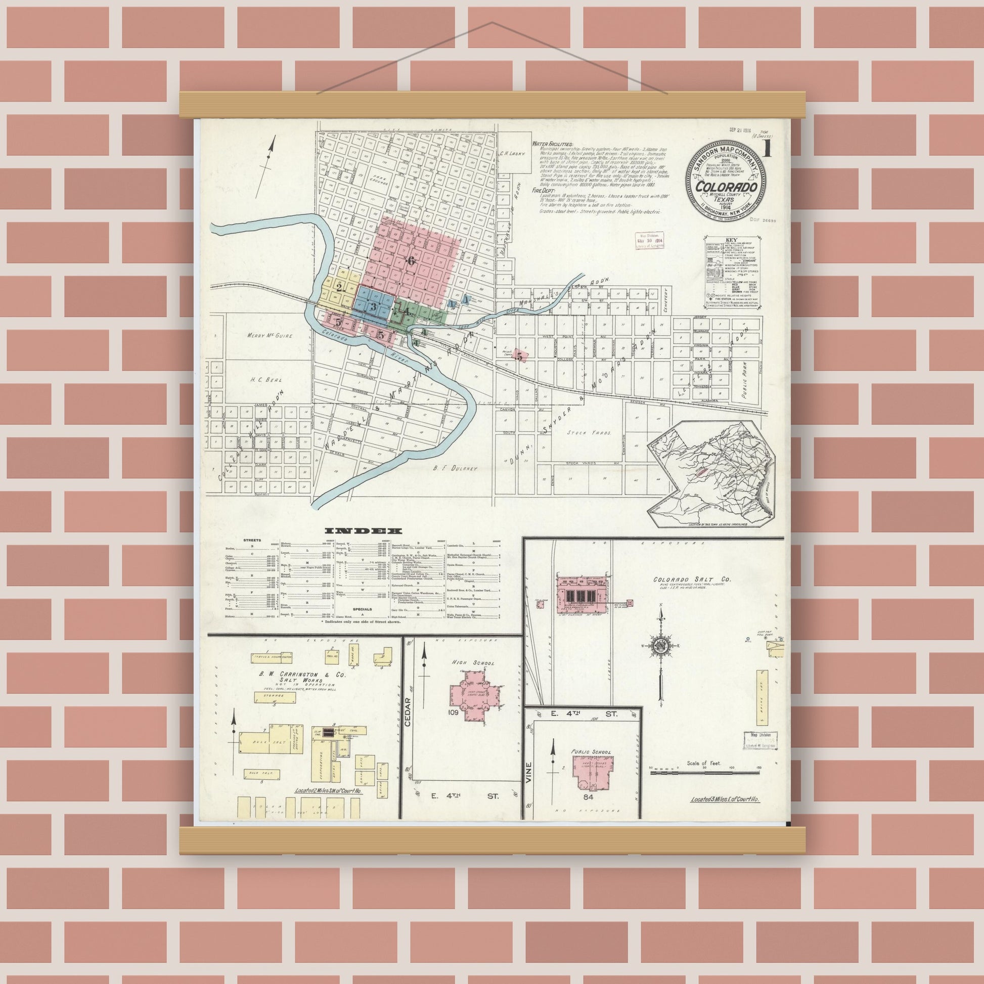 Old map wall art mockup — magnetic wood frame on brick wall — Sanborn Fire Insurance Map from Colorado, Mitchell County, Texas (1914), Sheet #0001