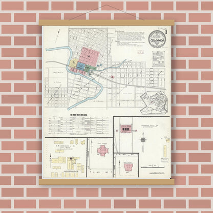 Old map wall art mockup — magnetic wood frame on brick wall — Sanborn Fire Insurance Map from Colorado, Mitchell County, Texas (1914), Sheet #0001