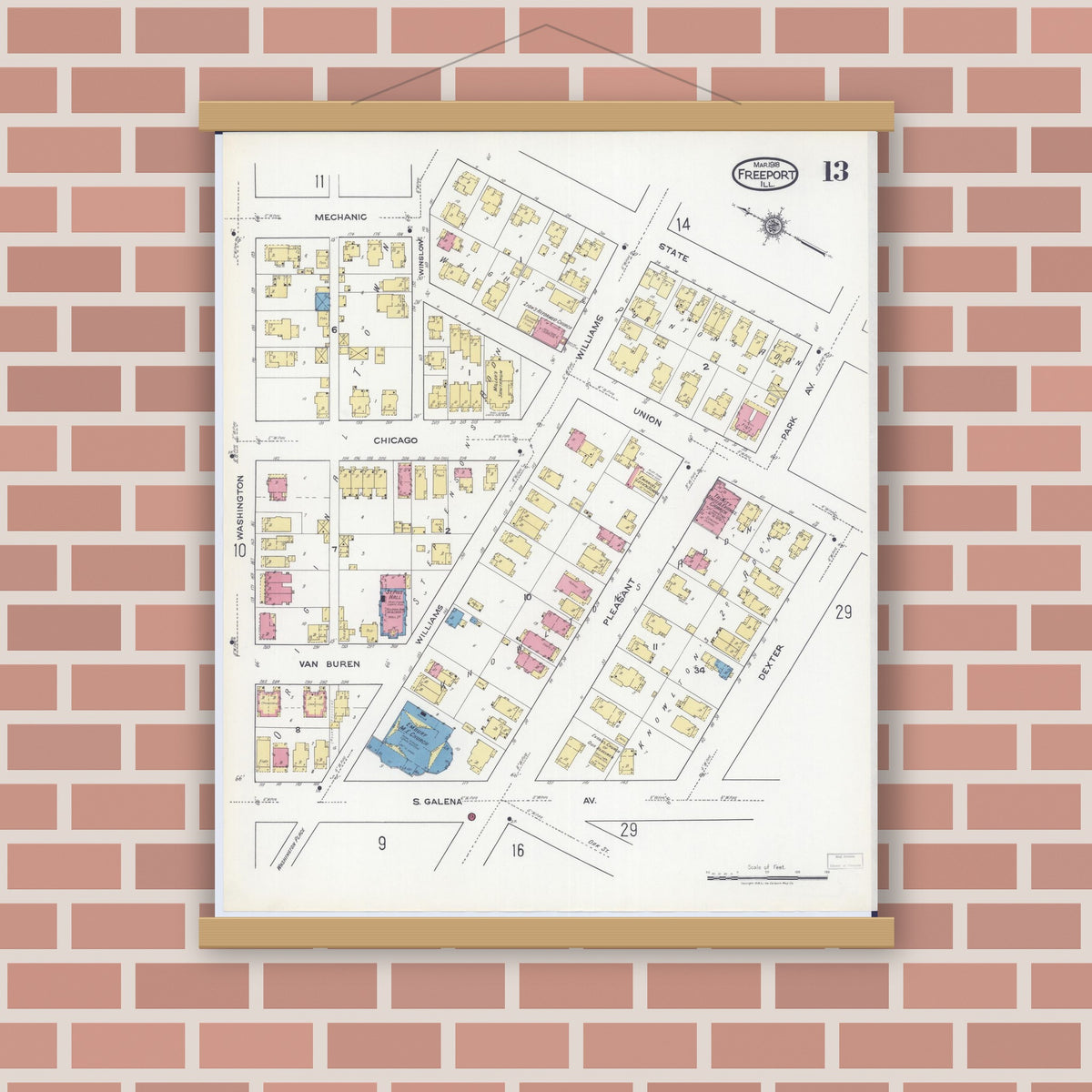 Old map wall art mockup — magnetic wood frame on brick wall — Sanborn Fire Insurance Map from Freeport, Stephenson County, Illinois (1918), Sheet #0013