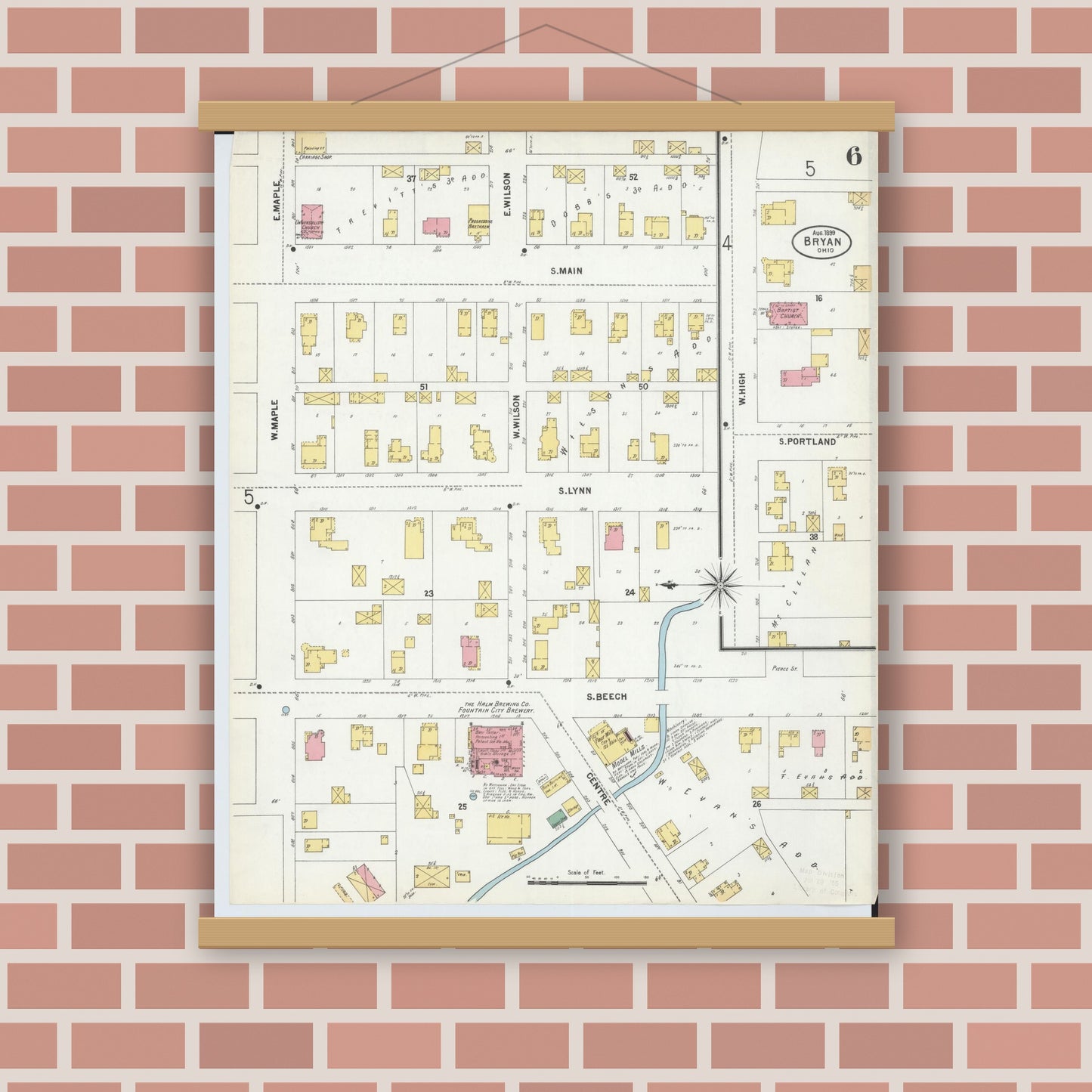 Old map wall art mockup — magnetic wood frame on brick wall — Sanborn Fire Insurance Map from Bryan, Williams County, Ohio (1899), Sheet #0006