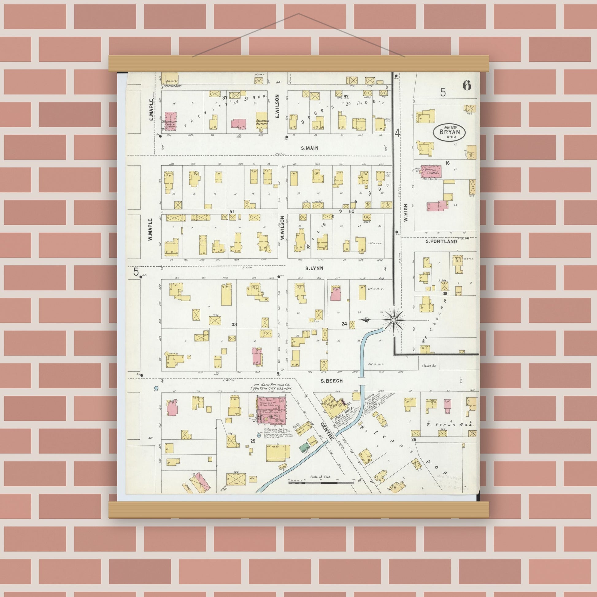 Old map wall art mockup — magnetic wood frame on brick wall — Sanborn Fire Insurance Map from Bryan, Williams County, Ohio (1899), Sheet #0006