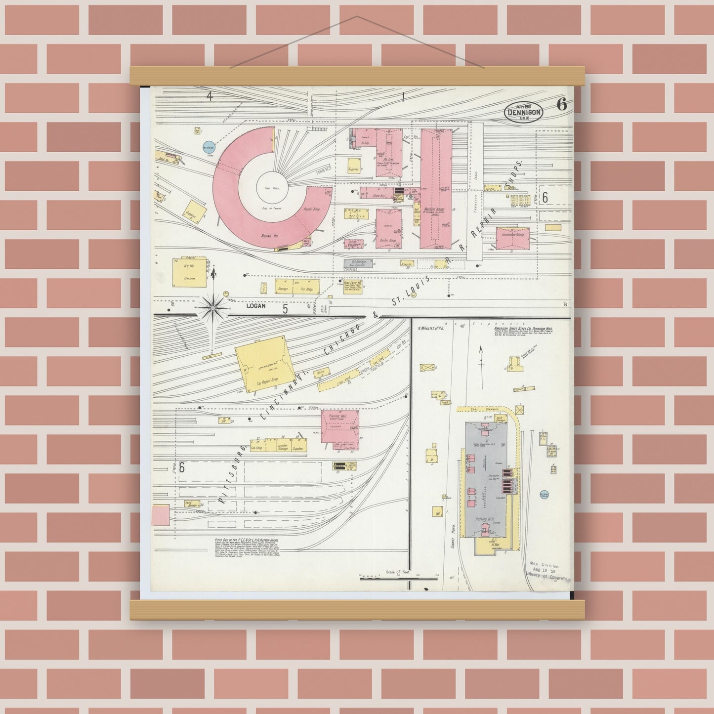 Old map wall art mockup — magnetic wood frame on brick wall — Sanborn Fire Insurance Map from Dennison, Tuscarawas County, Ohio (1901), Sheet #0006