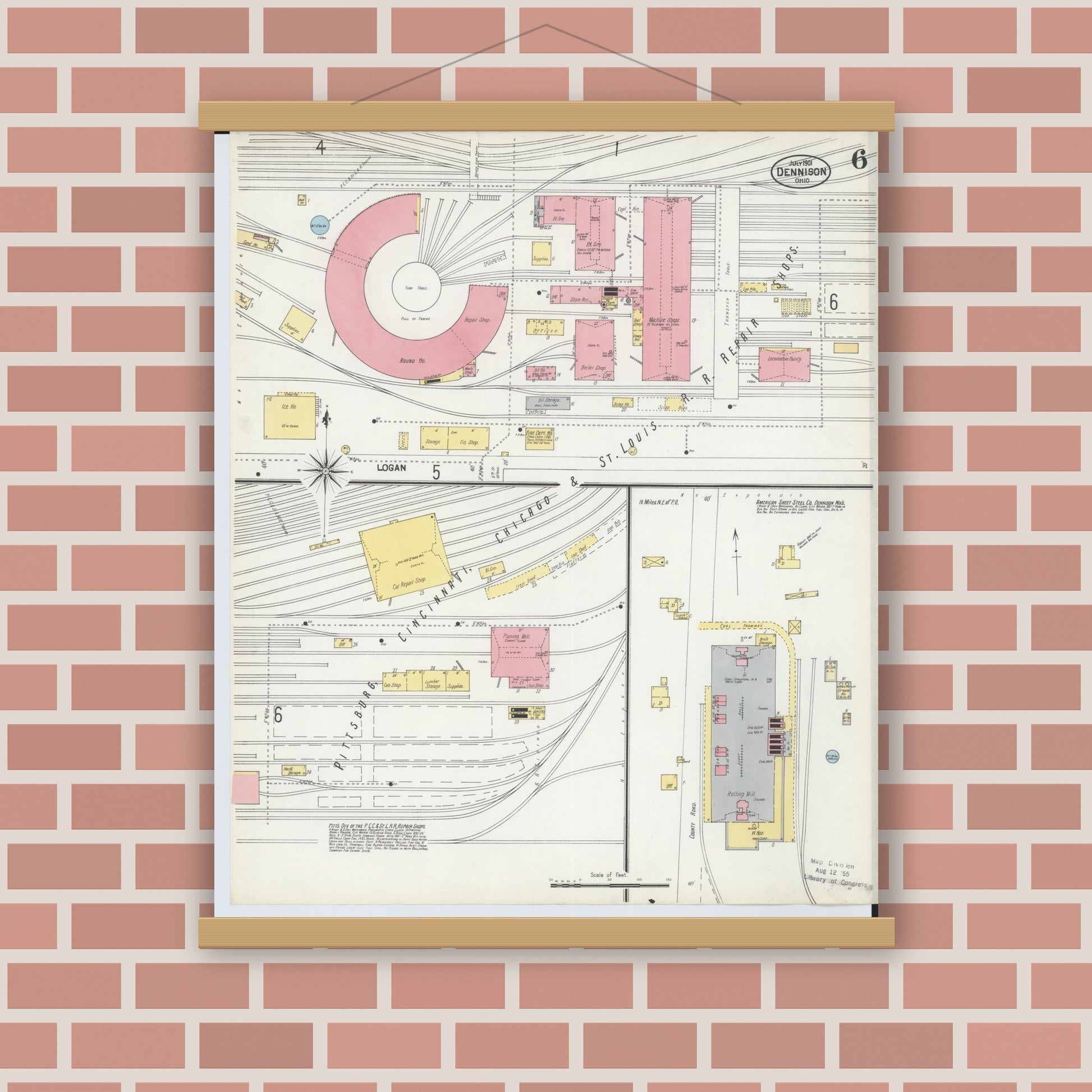 Old map wall art mockup — magnetic wood frame on brick wall — Sanborn Fire Insurance Map from Dennison, Tuscarawas County, Ohio (1901), Sheet #0006