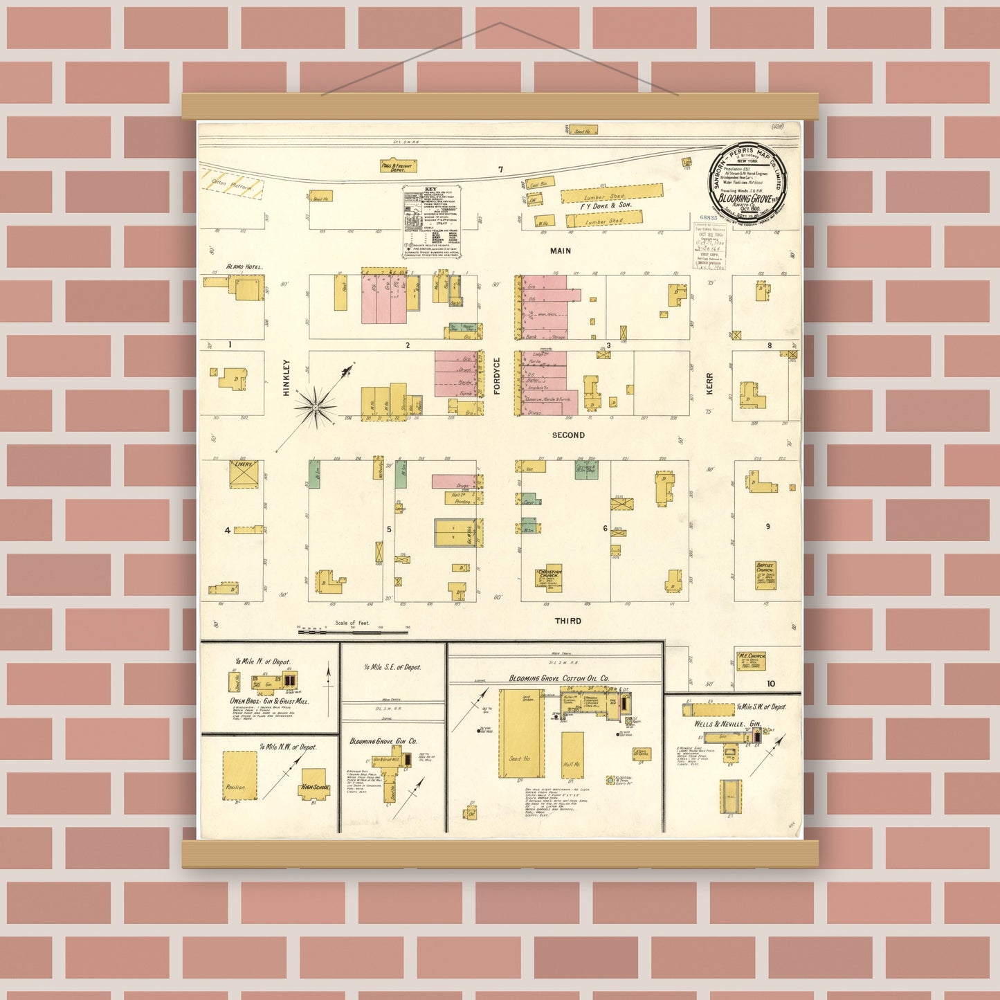 Old map wall art mockup — magnetic wood frame on brick wall — Sanborn Fire Insurance Map from Blooming Grove, Navarro County, Texas (1900), Sheet #0001