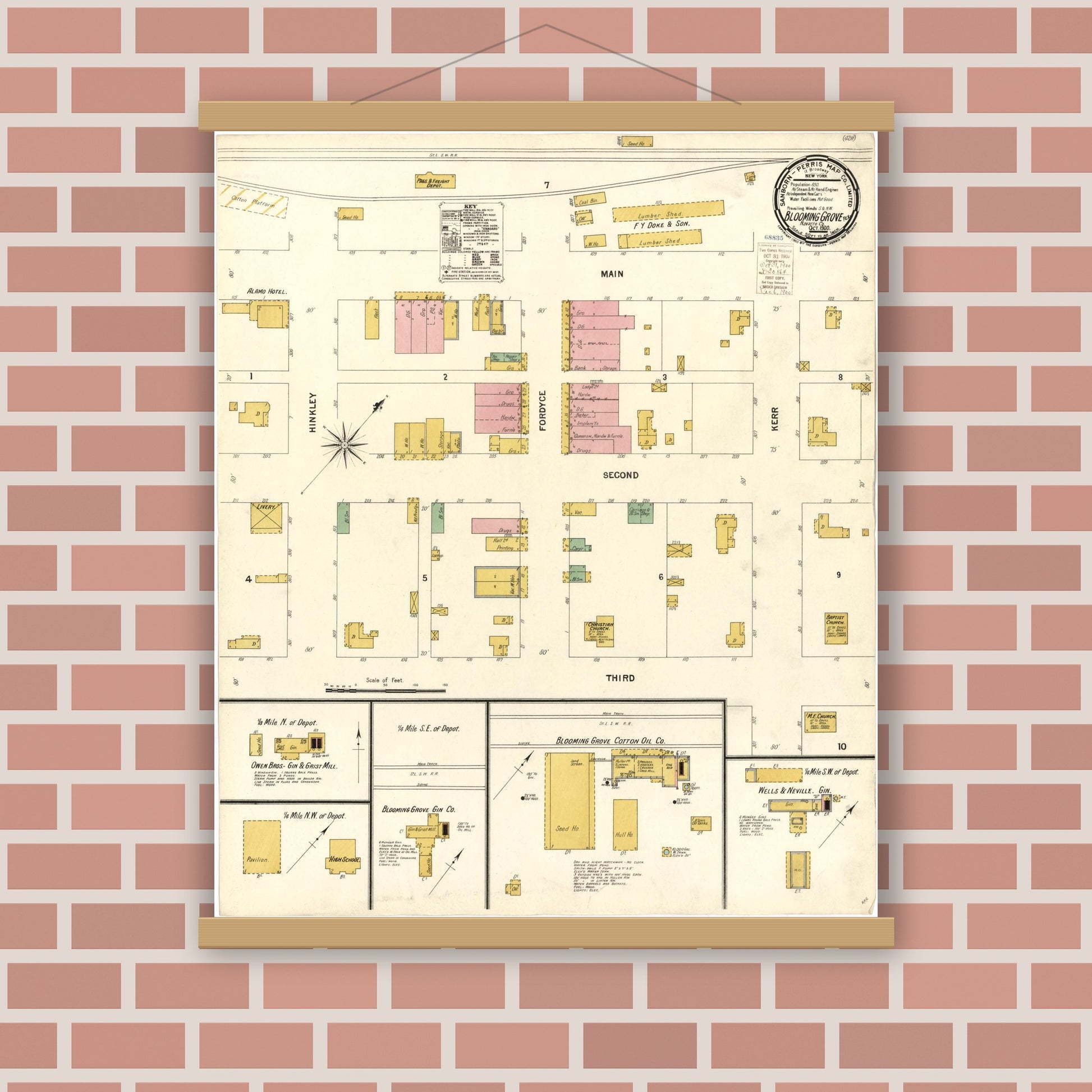 Old map wall art mockup — magnetic wood frame on brick wall — Sanborn Fire Insurance Map from Blooming Grove, Navarro County, Texas (1900), Sheet #0001