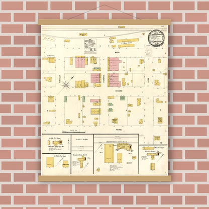 Old map wall art mockup — magnetic wood frame on brick wall — Sanborn Fire Insurance Map from Blooming Grove, Navarro County, Texas (1900), Sheet #0001
