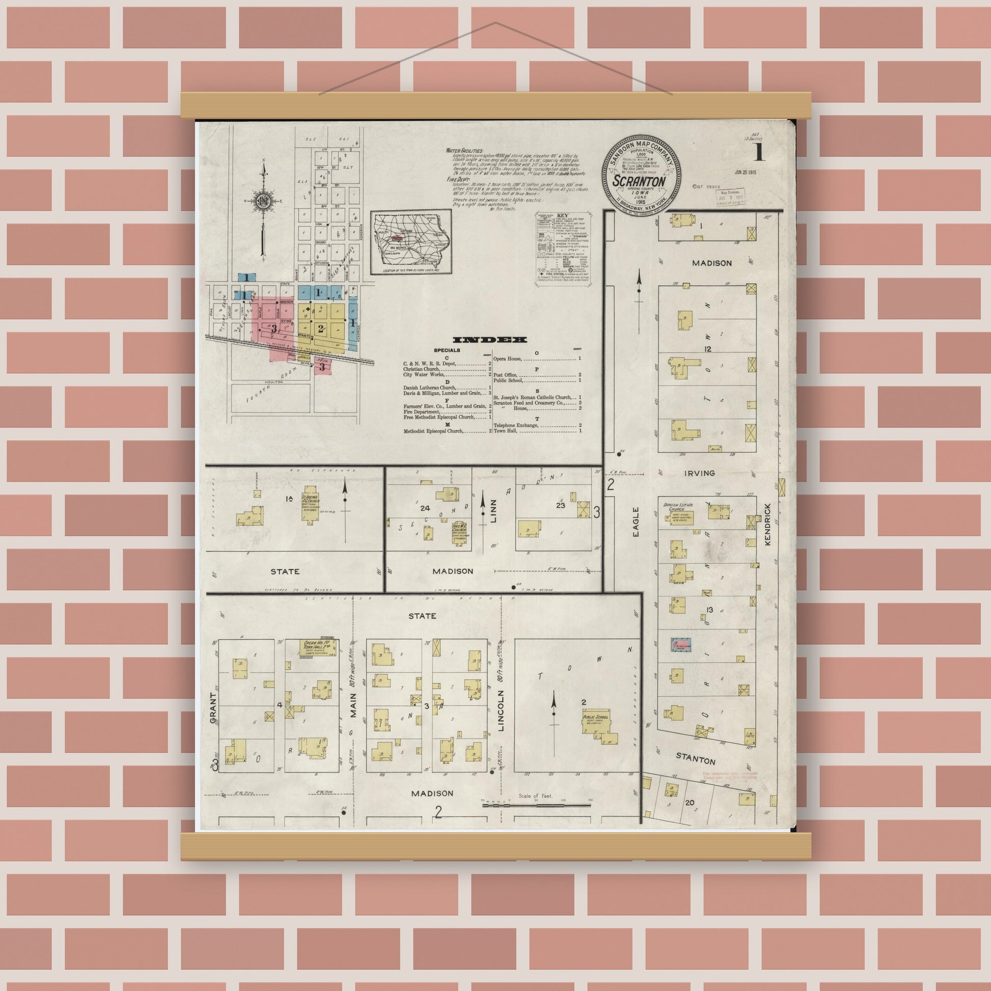 Old map wall art mockup — magnetic wood frame on brick wall — Sanborn Fire Insurance Map from Scranton, Greene County, Iowa (1915), Sheet #0001
