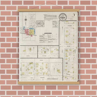 Old map wall art mockup — magnetic wood frame on brick wall — Sanborn Fire Insurance Map from Scranton, Greene County, Iowa (1915), Sheet #0001