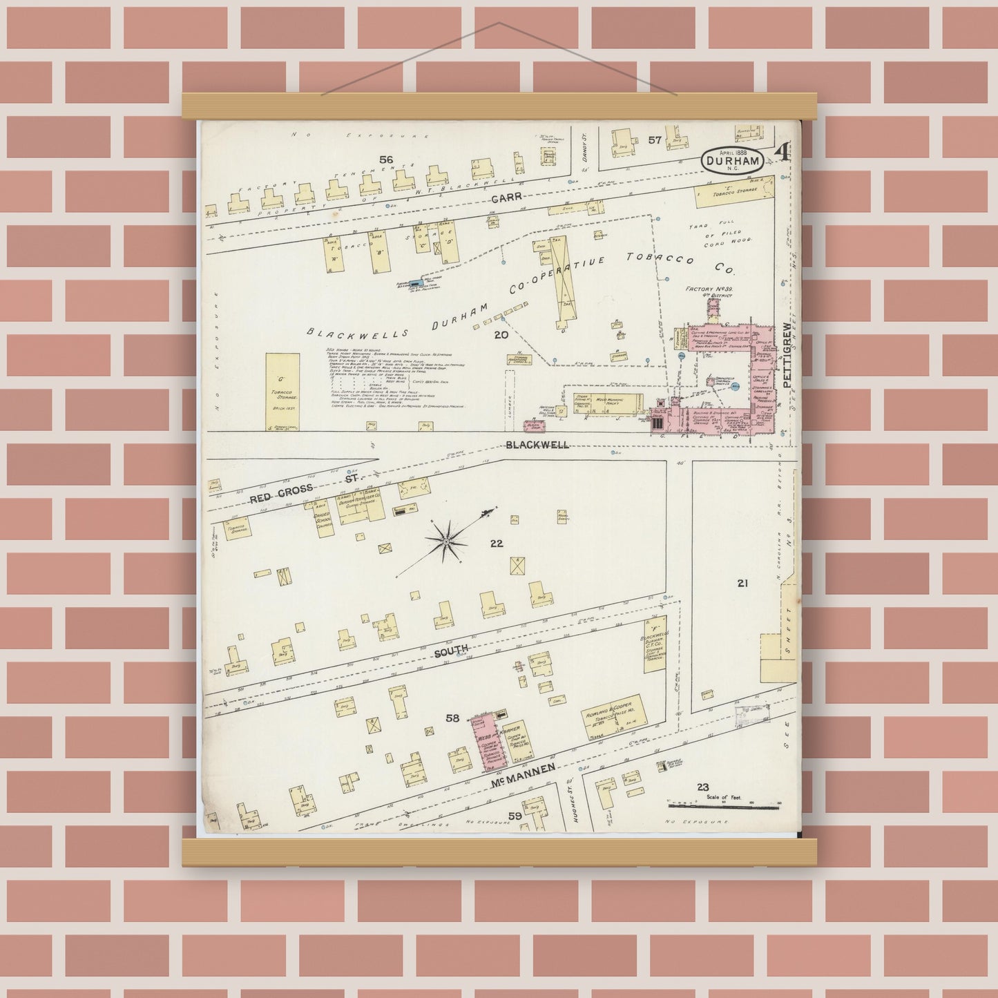 Old map wall art mockup — magnetic wood frame on brick wall — Sanborn Fire Insurance Map from Durham, Durham County, North Carolina (1888), Sheet #0004