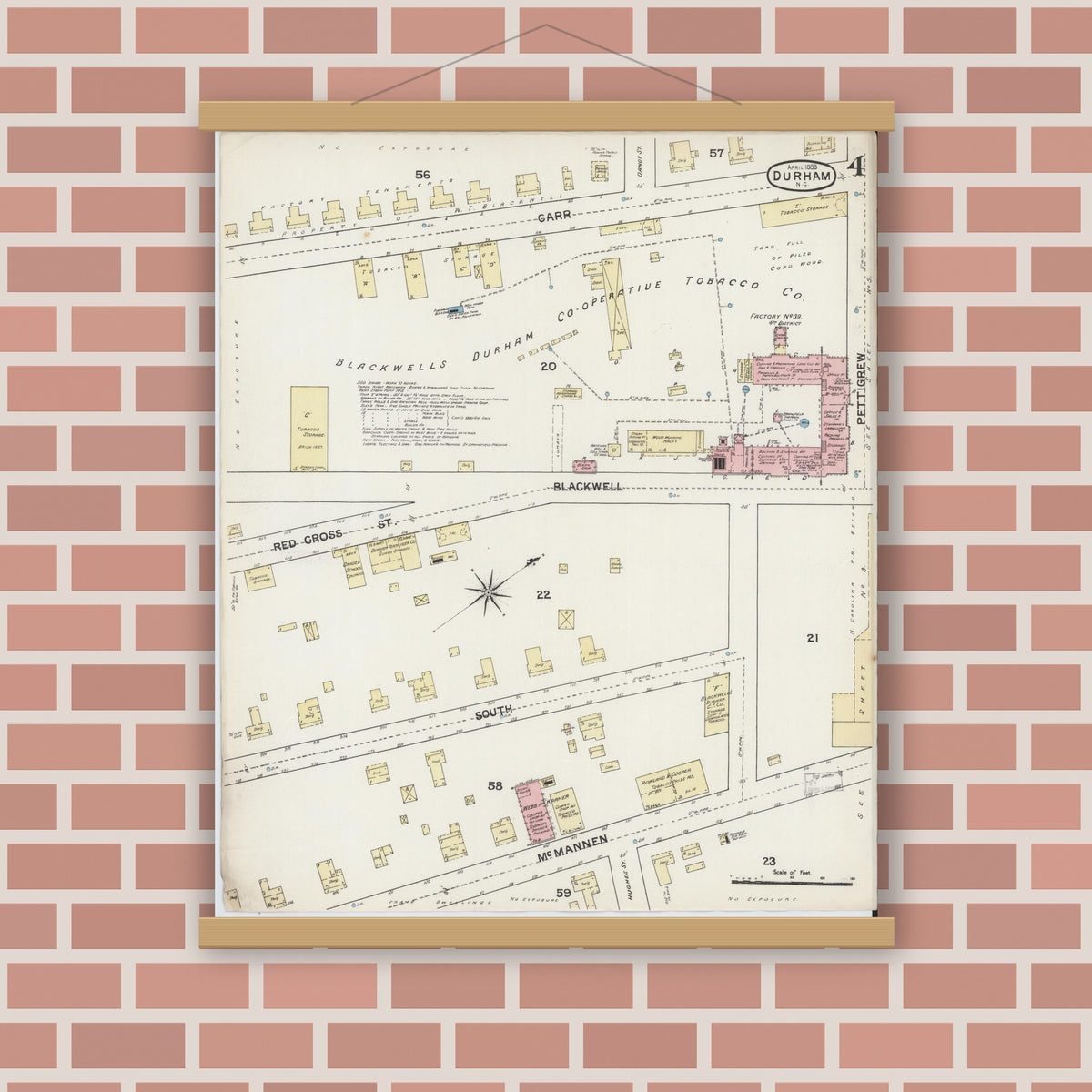 Old map wall art mockup — magnetic wood frame on brick wall — Sanborn Fire Insurance Map from Durham, Durham County, North Carolina (1888), Sheet #0004