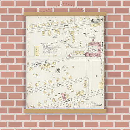 Old map wall art mockup — magnetic wood frame on brick wall — Sanborn Fire Insurance Map from Durham, Durham County, North Carolina (1888), Sheet #0004