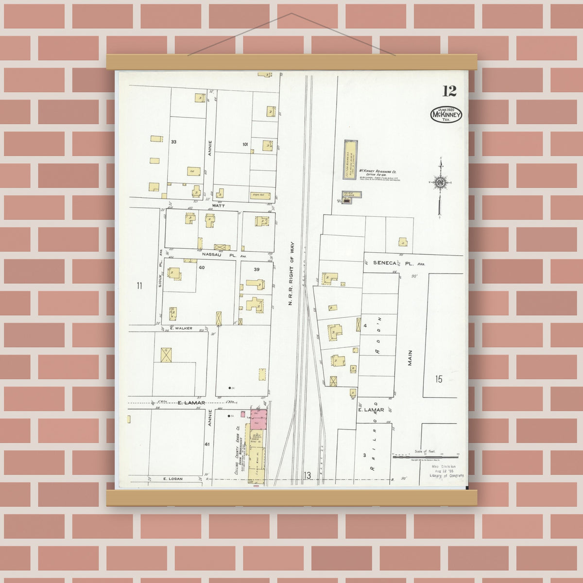 Old map wall art mockup — magnetic wood frame on brick wall — Sanborn Fire Insurance Map from McKinney, Collin County, Texas (1920), Sheet #0012