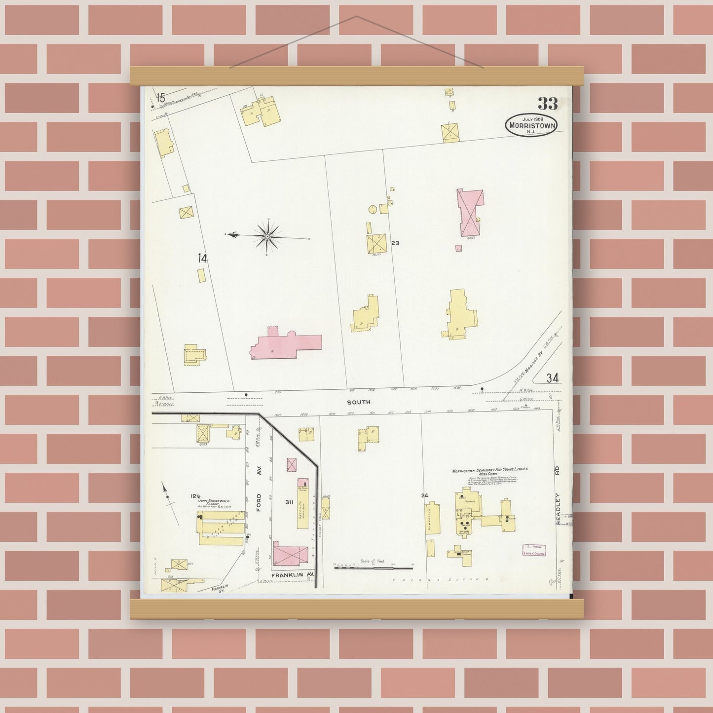 Old map wall art mockup — magnetic wood frame on brick wall — Sanborn Fire Insurance Map from Morristown, Morris County, New Jersey (1909), Sheet #0033