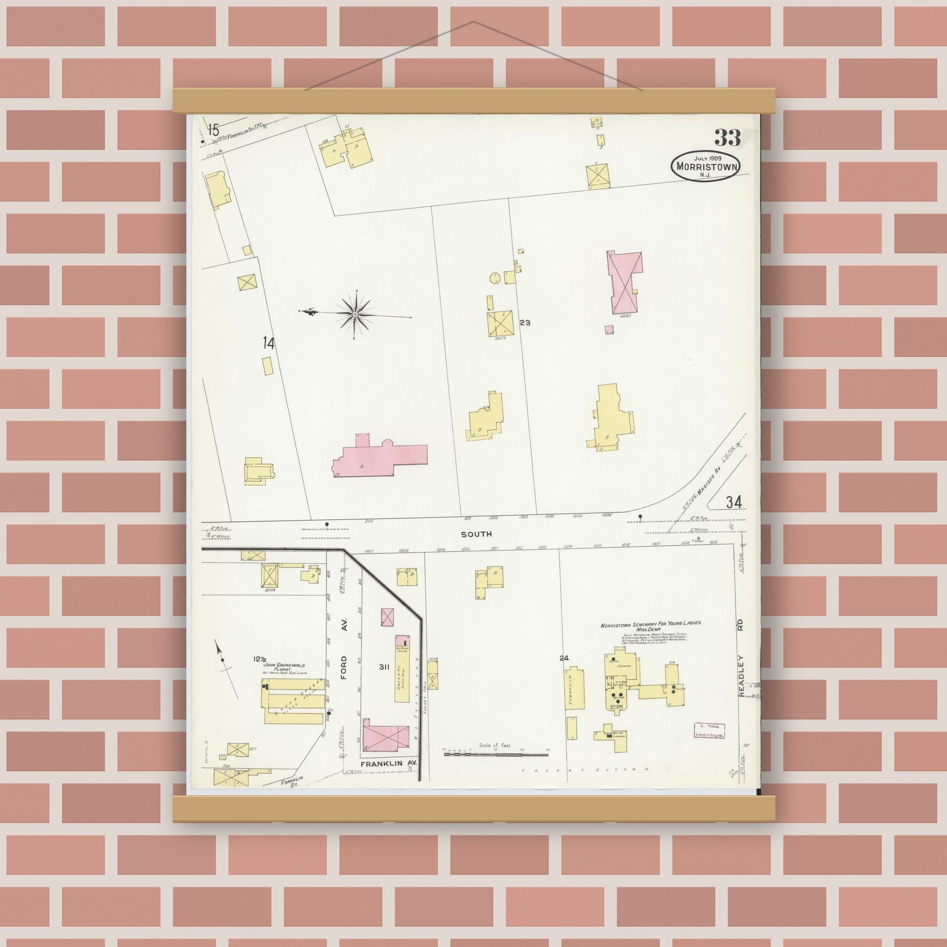 Old map wall art mockup — magnetic wood frame on brick wall — Sanborn Fire Insurance Map from Morristown, Morris County, New Jersey (1909), Sheet #0033