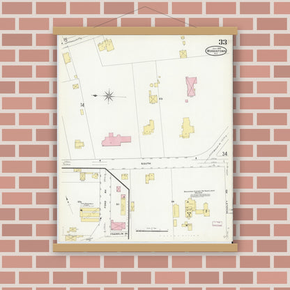 Old map wall art mockup — magnetic wood frame on brick wall — Sanborn Fire Insurance Map from Morristown, Morris County, New Jersey (1909), Sheet #0033