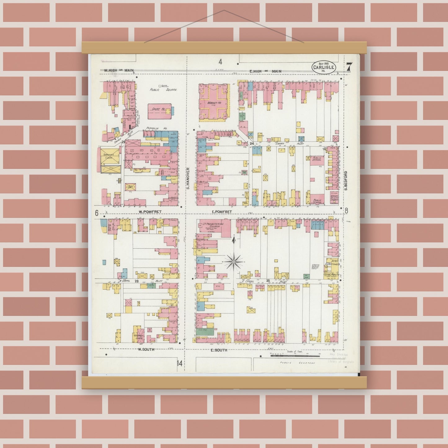 Old map wall art mockup — magnetic wood frame on brick wall — Sanborn Fire Insurance Map from Carlisle, Cumberland County, Pennsylvania (1902), Sheet #0007
