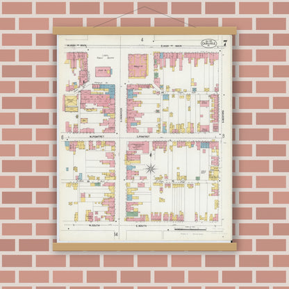 Old map wall art mockup — magnetic wood frame on brick wall — Sanborn Fire Insurance Map from Carlisle, Cumberland County, Pennsylvania (1902), Sheet #0007
