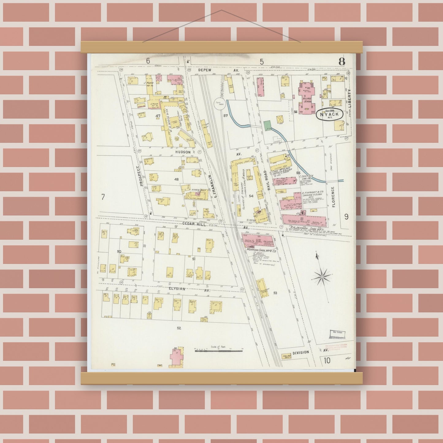 Old map wall art mockup — magnetic wood frame on brick wall — Sanborn Fire Insurance Map from Nyack, Rockland County, New York. (1896), Sheet #0008
