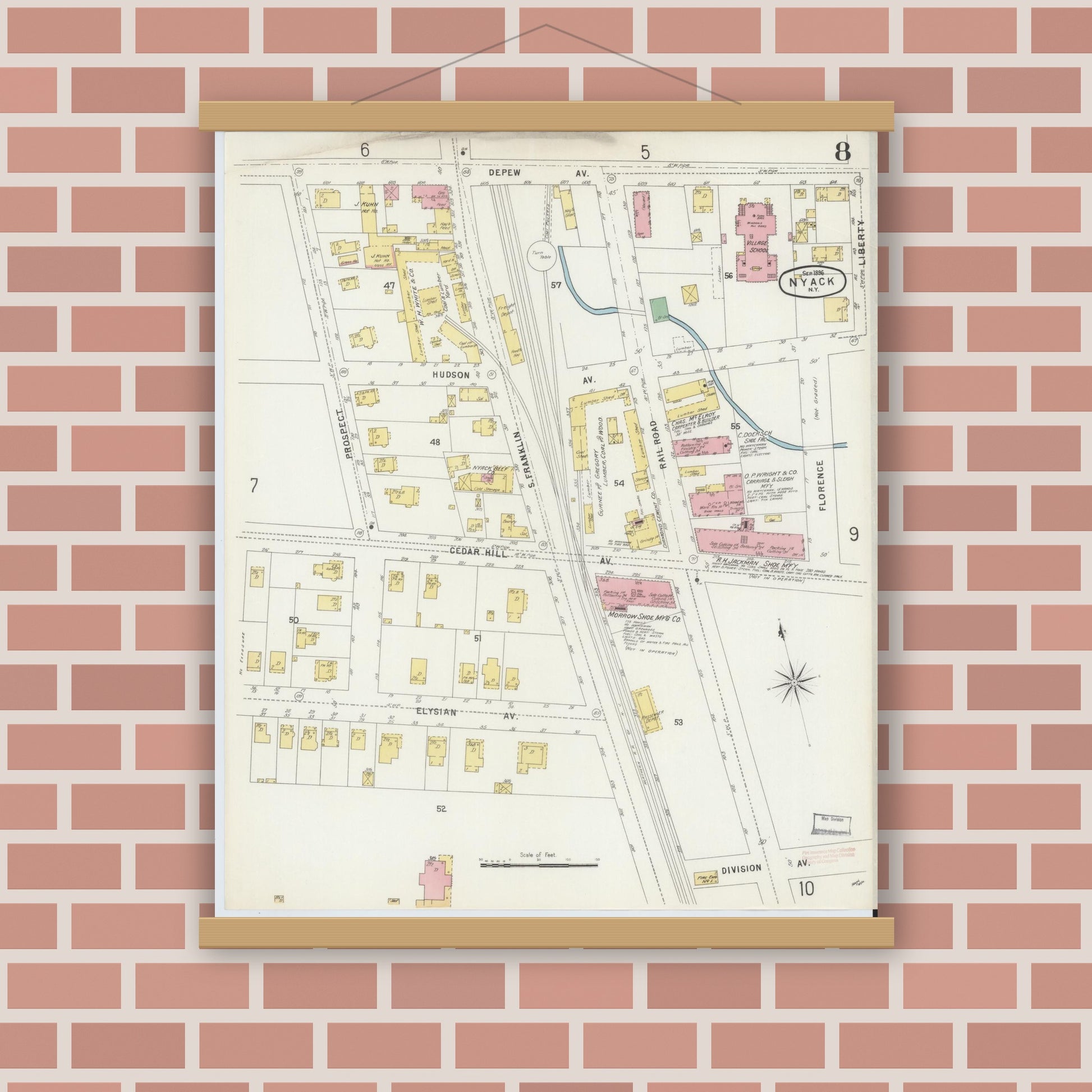 Old map wall art mockup — magnetic wood frame on brick wall — Sanborn Fire Insurance Map from Nyack, Rockland County, New York. (1896), Sheet #0008