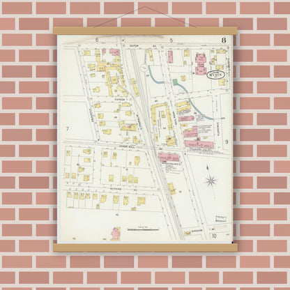 Old map wall art mockup — magnetic wood frame on brick wall — Sanborn Fire Insurance Map from Nyack, Rockland County, New York. (1896), Sheet #0008