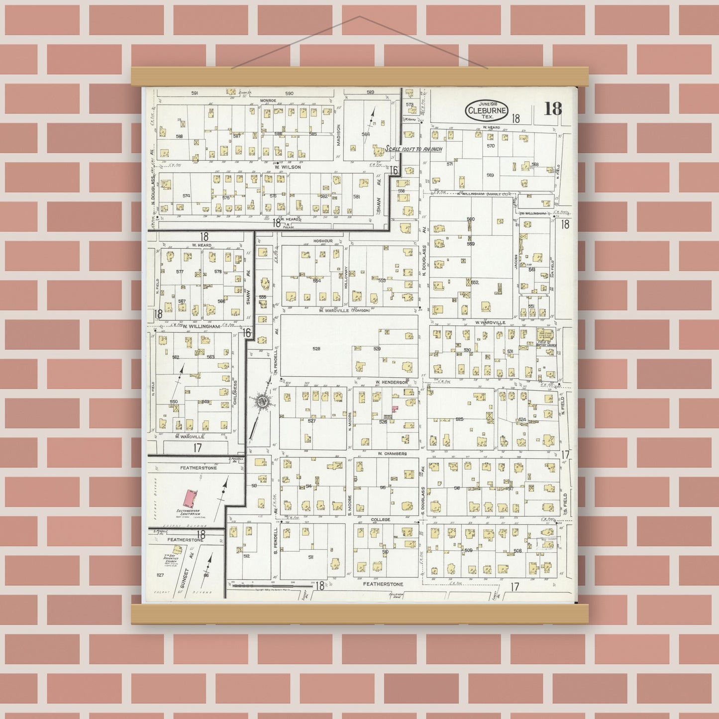 Old map wall art mockup — magnetic wood frame on brick wall — Sanborn Fire Insurance Map from Cleburne, Johnson County, Texas (1918), Sheet #0018