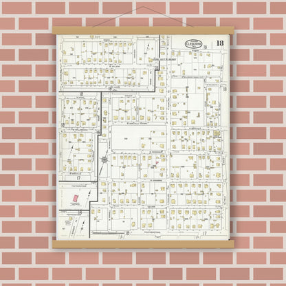 Old map wall art mockup — magnetic wood frame on brick wall — Sanborn Fire Insurance Map from Cleburne, Johnson County, Texas (1918), Sheet #0018