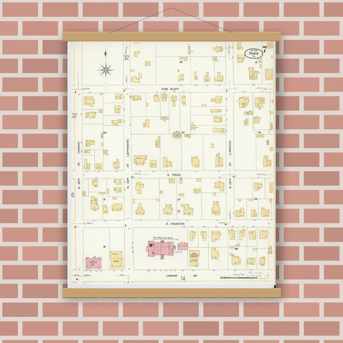 Old map wall art mockup — magnetic wood frame on brick wall — Sanborn Fire Insurance Map from Paris, Lamar County, Texas (1908), Sheet #0007