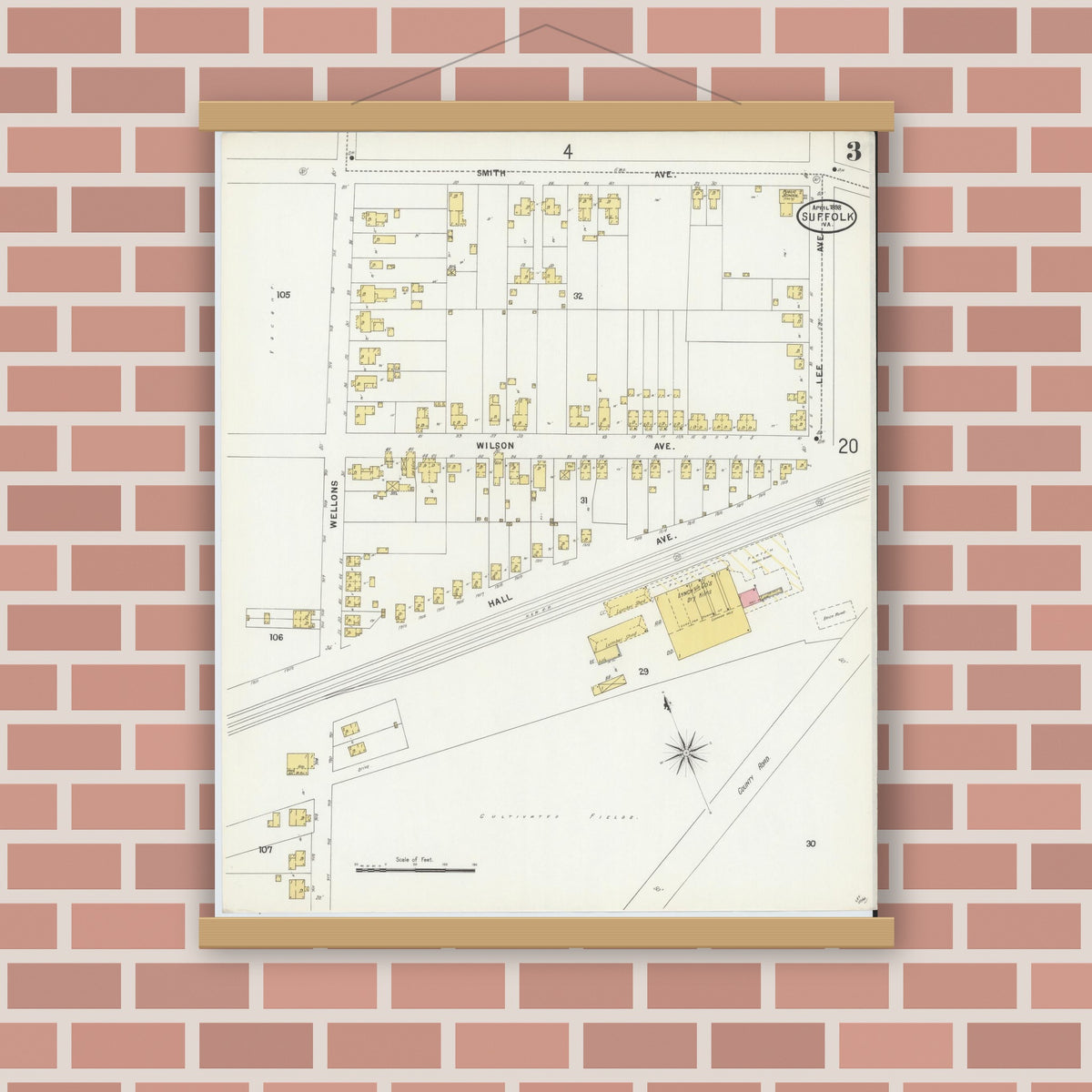 Old map wall art mockup — magnetic wood frame on brick wall — Sanborn Fire Insurance Map from Suffolk, Independent Cities, Virginia (1898), Sheet #0003