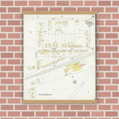 Old map wall art mockup — magnetic wood frame on brick wall — Sanborn Fire Insurance Map from Suffolk, Independent Cities, Virginia (1898), Sheet #0003