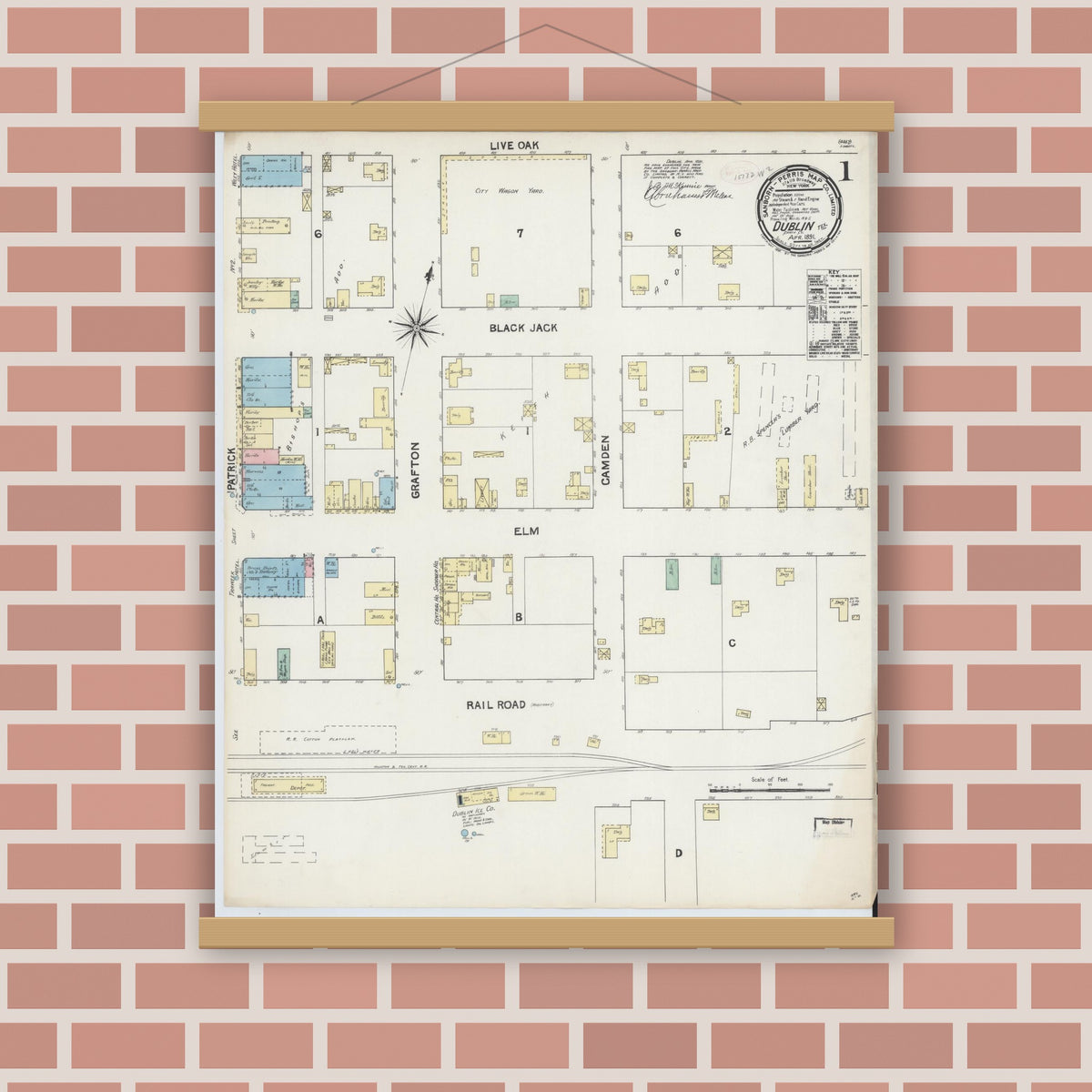 Old map wall art mockup — magnetic wood frame on brick wall — Sanborn Fire Insurance Map from Dublin, Erath County, Texas (1891) - Complete Map Set