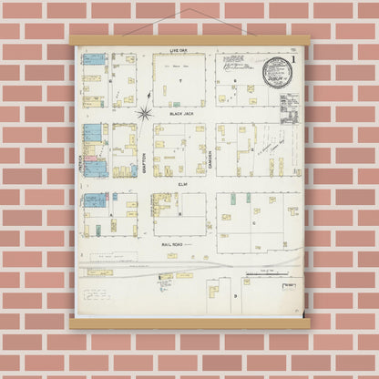 Old map wall art mockup — magnetic wood frame on brick wall — Sanborn Fire Insurance Map from Dublin, Erath County, Texas (1891) - Complete Map Set