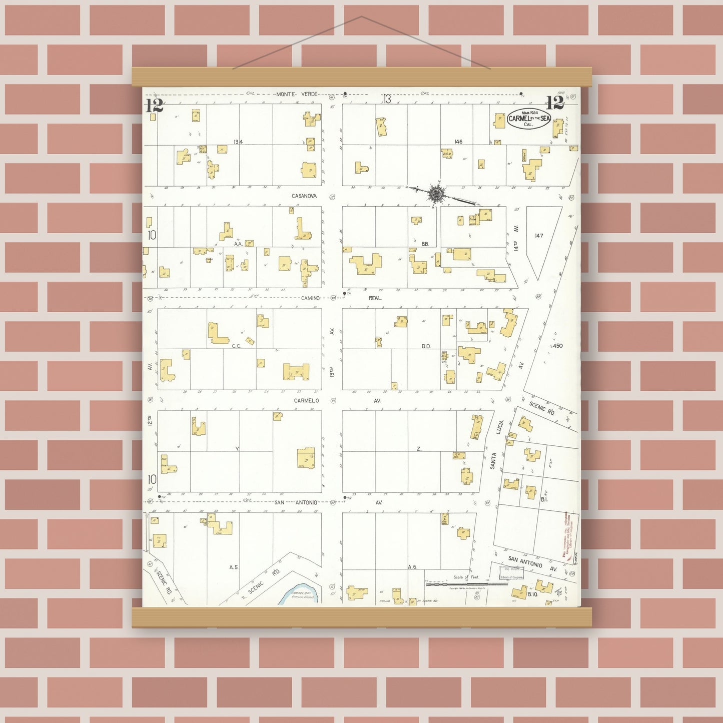 Old map wall art mockup — magnetic wood frame on brick wall — Sanborn Fire Insurance Map from Carmel By The Sea, Monterey County, California (1924), Sheet #0012