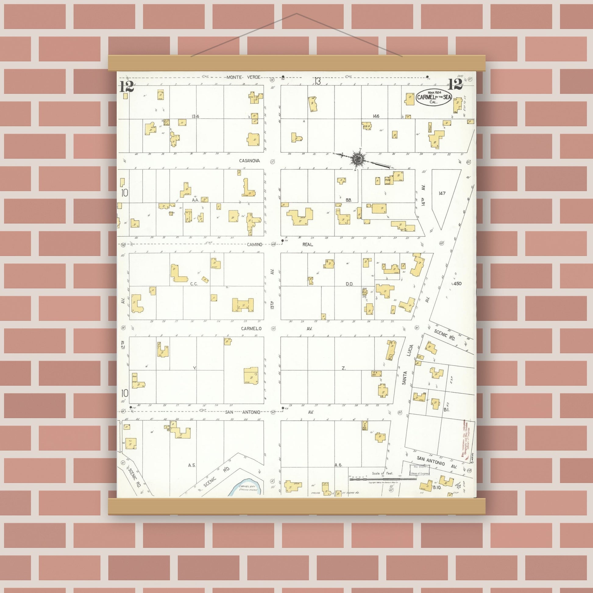 Old map wall art mockup — magnetic wood frame on brick wall — Sanborn Fire Insurance Map from Carmel By The Sea, Monterey County, California (1924), Sheet #0012