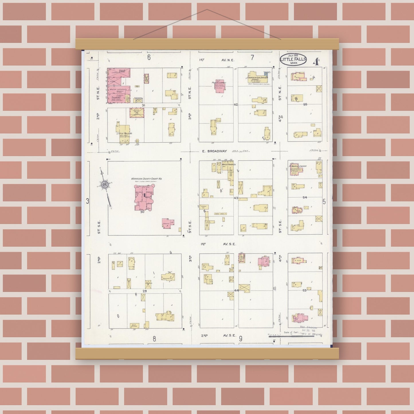 Old map wall art mockup — magnetic wood frame on brick wall — Sanborn Fire Insurance Map from Little Falls, Morrison County, Minnesota (1915), Sheet #0004
