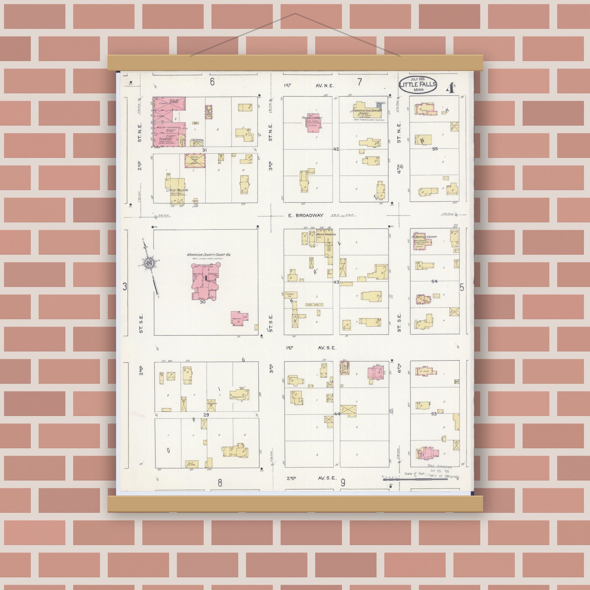 Old map wall art mockup — magnetic wood frame on brick wall — Sanborn Fire Insurance Map from Little Falls, Morrison County, Minnesota (1915), Sheet #0004
