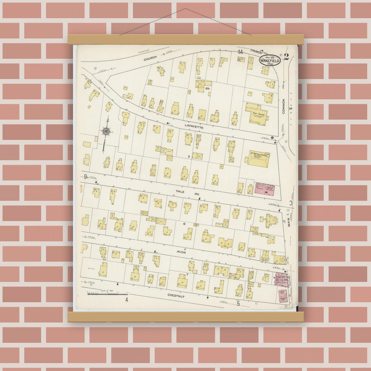 Old map wall art mockup — magnetic wood frame on brick wall — Sanborn Fire Insurance Map from Wakefield, Middlesex County, Massachusetts (1915), Sheet #0002