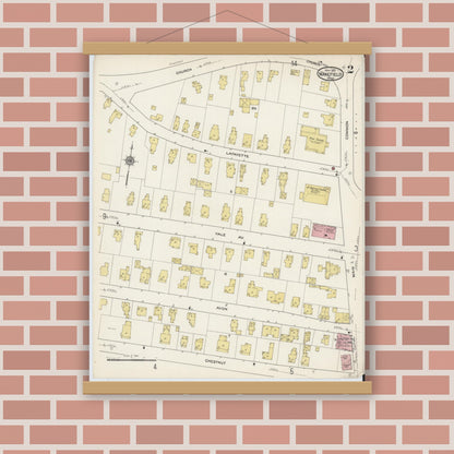 Old map wall art mockup — magnetic wood frame on brick wall — Sanborn Fire Insurance Map from Wakefield, Middlesex County, Massachusetts (1915), Sheet #0002