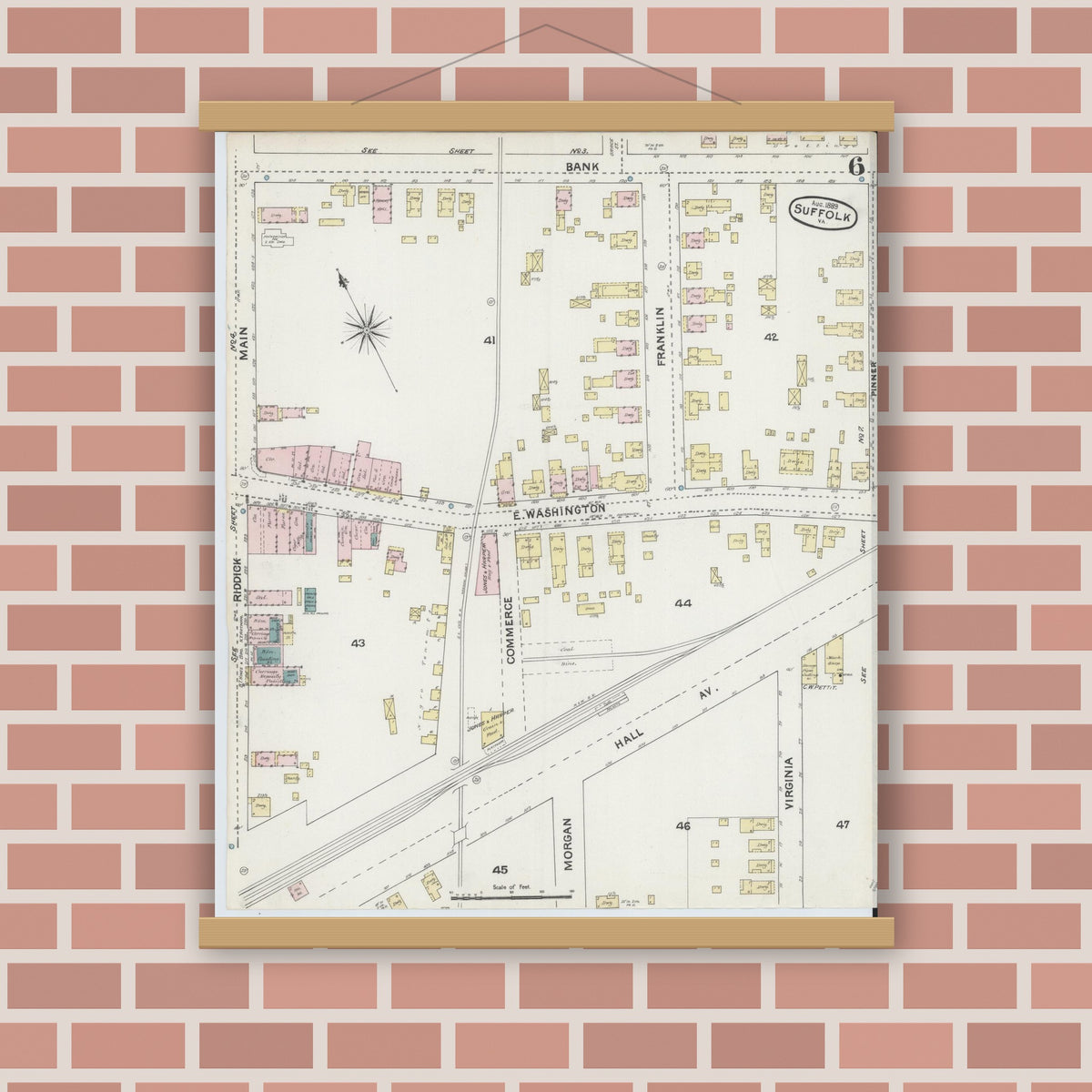 Old map wall art mockup — magnetic wood frame on brick wall — Sanborn Fire Insurance Map from Suffolk, Independent Cities, Virginia (1889), Sheet #0006