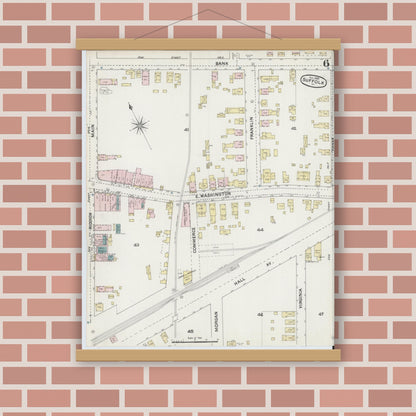 Old map wall art mockup — magnetic wood frame on brick wall — Sanborn Fire Insurance Map from Suffolk, Independent Cities, Virginia (1889), Sheet #0006