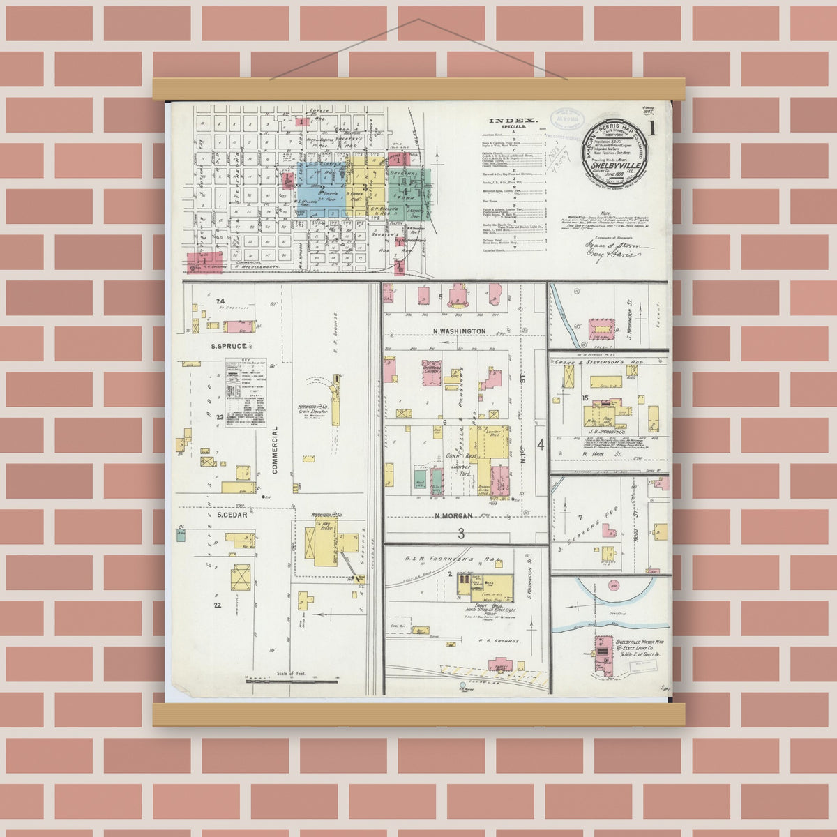 Old map wall art mockup — magnetic wood frame on brick wall — Sanborn Fire Insurance Map from Shelbyville, Shelby County, Illinois (1898) - Complete Map Set