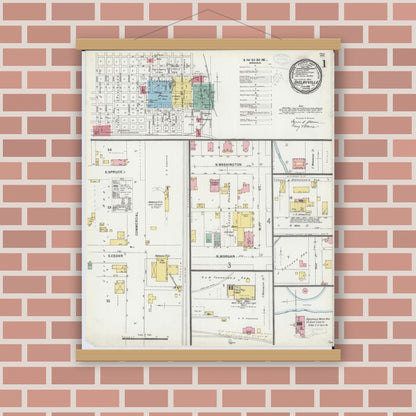 Old map wall art mockup — magnetic wood frame on brick wall — Sanborn Fire Insurance Map from Shelbyville, Shelby County, Illinois (1898) - Complete Map Set
