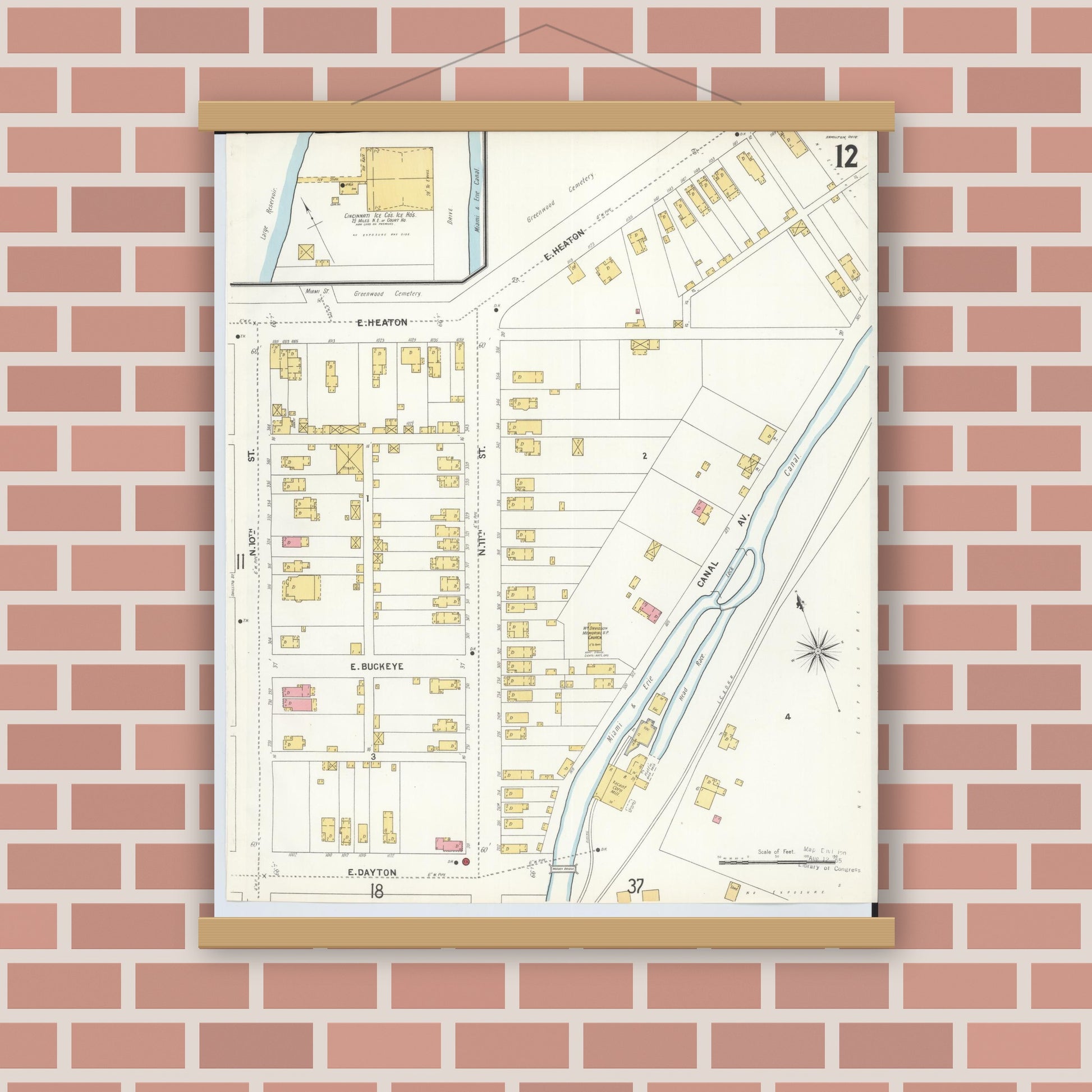Old map wall art mockup — magnetic wood frame on brick wall — Sanborn Fire Insurance Map from Hamilton, Butler County, Ohio (1899), Sheet #0012