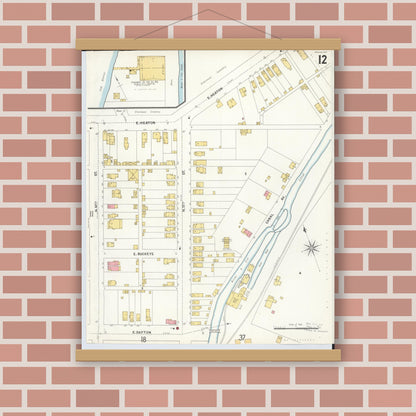 Old map wall art mockup — magnetic wood frame on brick wall — Sanborn Fire Insurance Map from Hamilton, Butler County, Ohio (1899), Sheet #0012