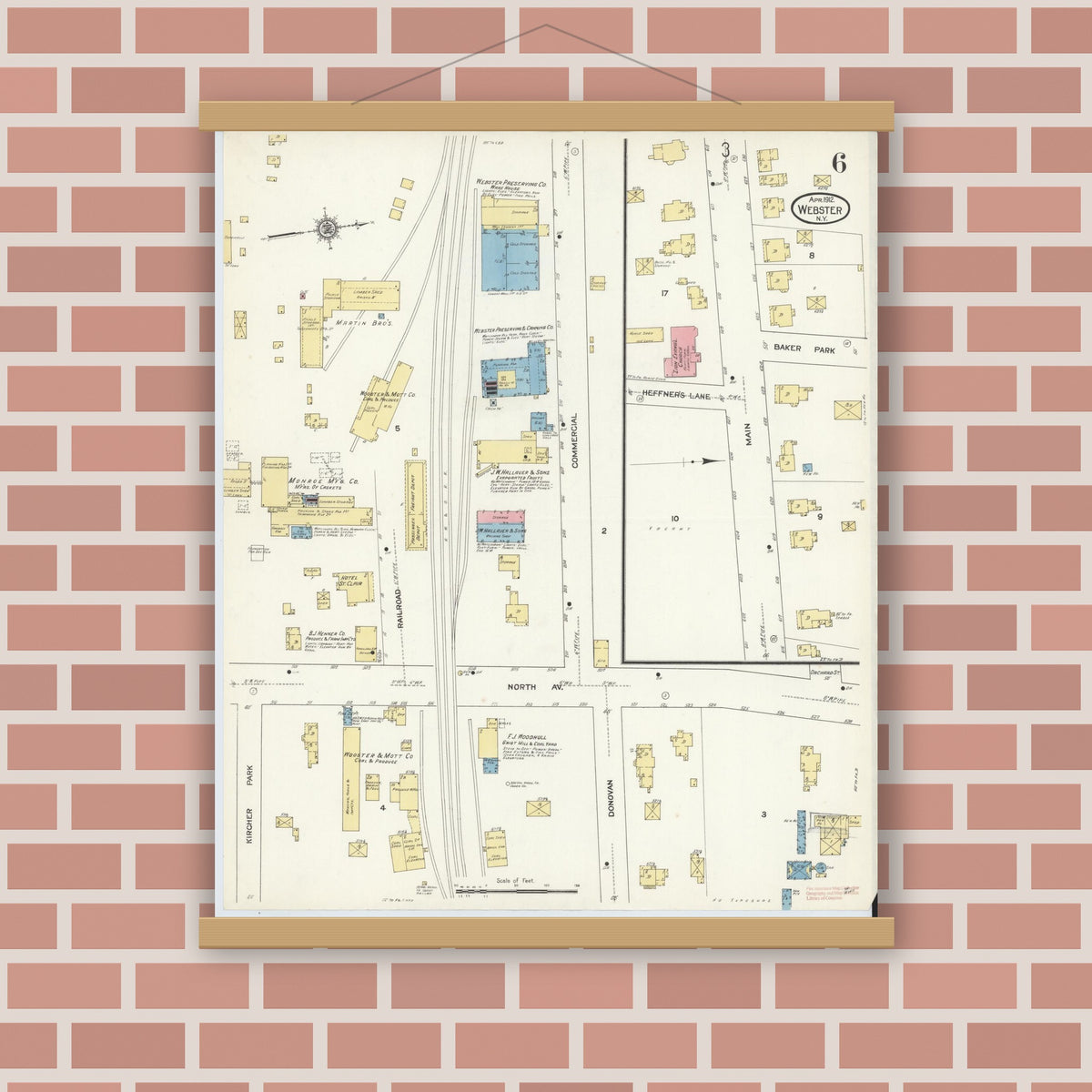 Old map wall art mockup — magnetic wood frame on brick wall — Sanborn Fire Insurance Map from Webster, Monroe County, New York (1912), Sheet #0006