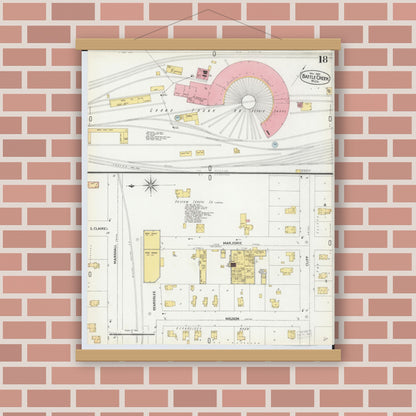 Old map wall art mockup — magnetic wood frame on brick wall — Sanborn Fire Insurance Map from Battle Creek, Calhoun County, Michigan (1899), Sheet #0018