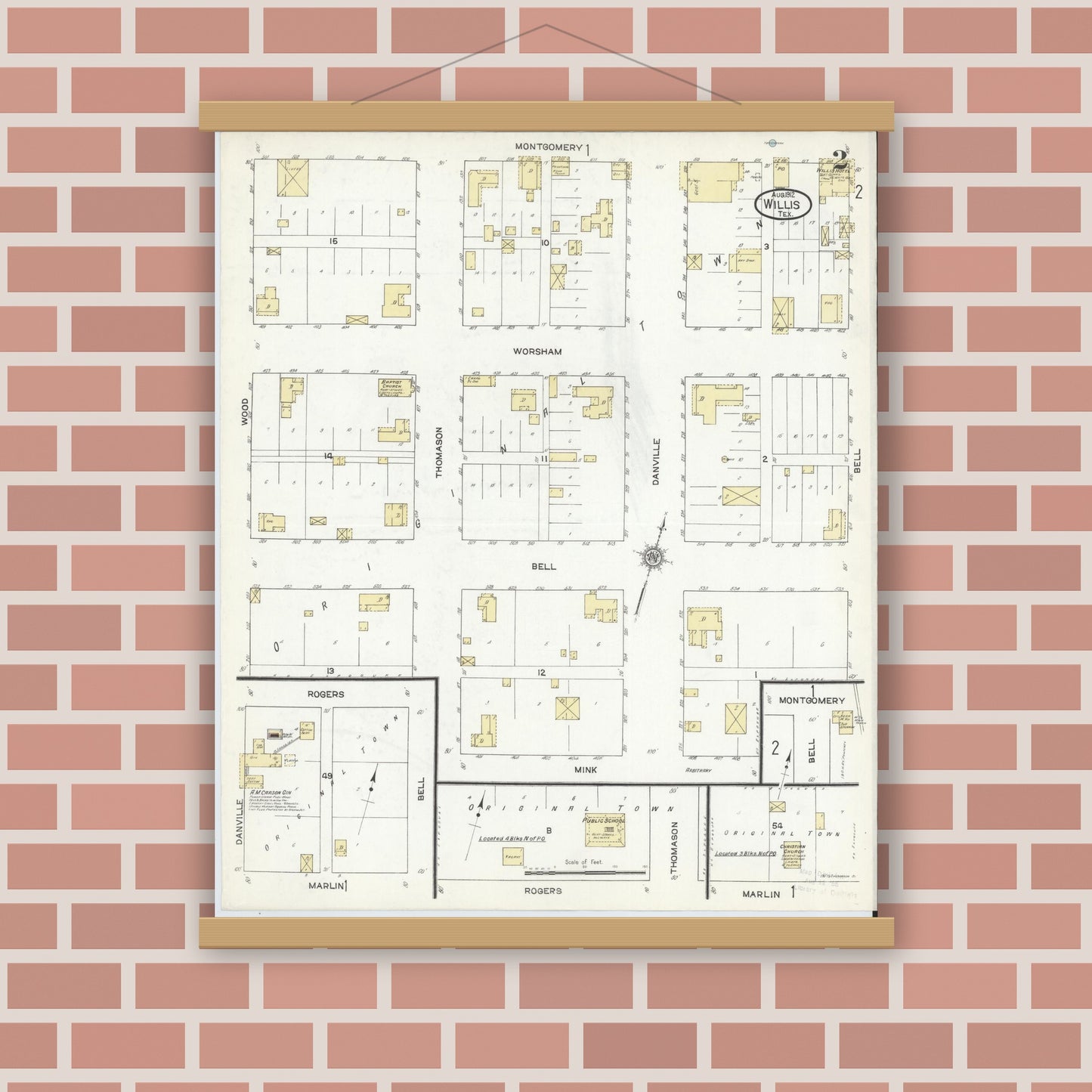 Old map wall art mockup — magnetic wood frame on brick wall — Sanborn Fire Insurance Map from Willis, Montgomery County, Texas (1912), Sheet #0002