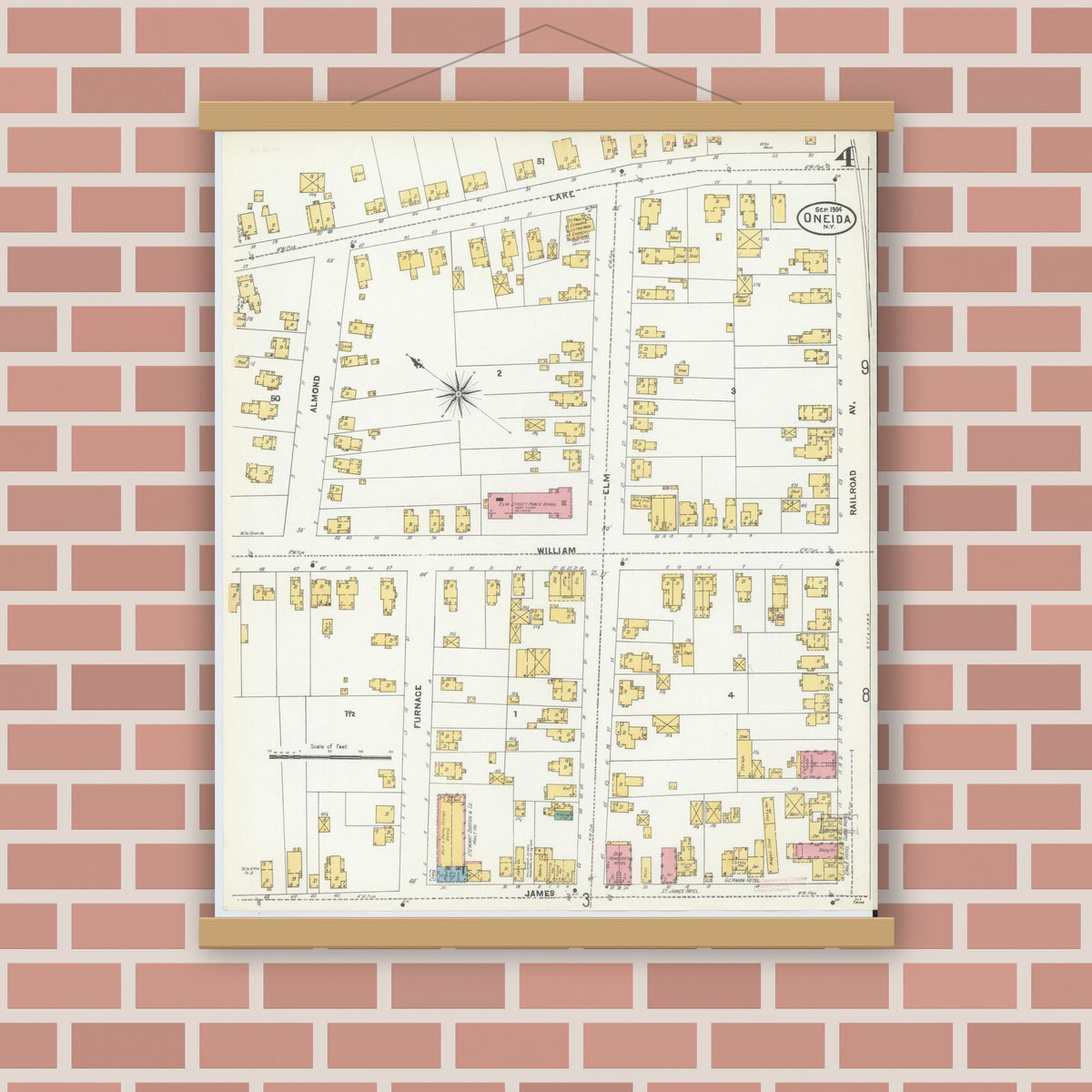 Old map wall art mockup — magnetic wood frame on brick wall — Sanborn Fire Insurance Map from Oneida, Madison County, New York (1904), Sheet #0003